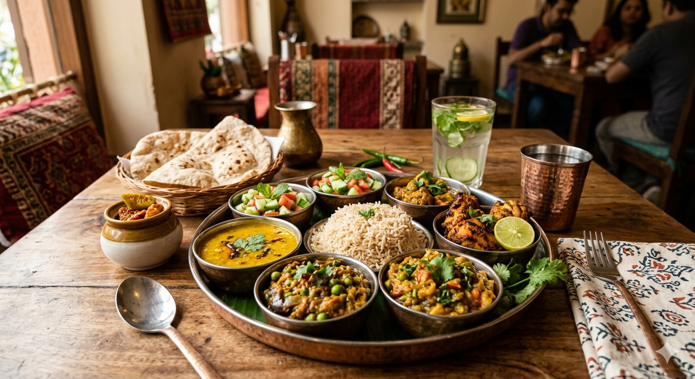 Healthy Indian Thali with lentils, vegetables, and tandoori chicken