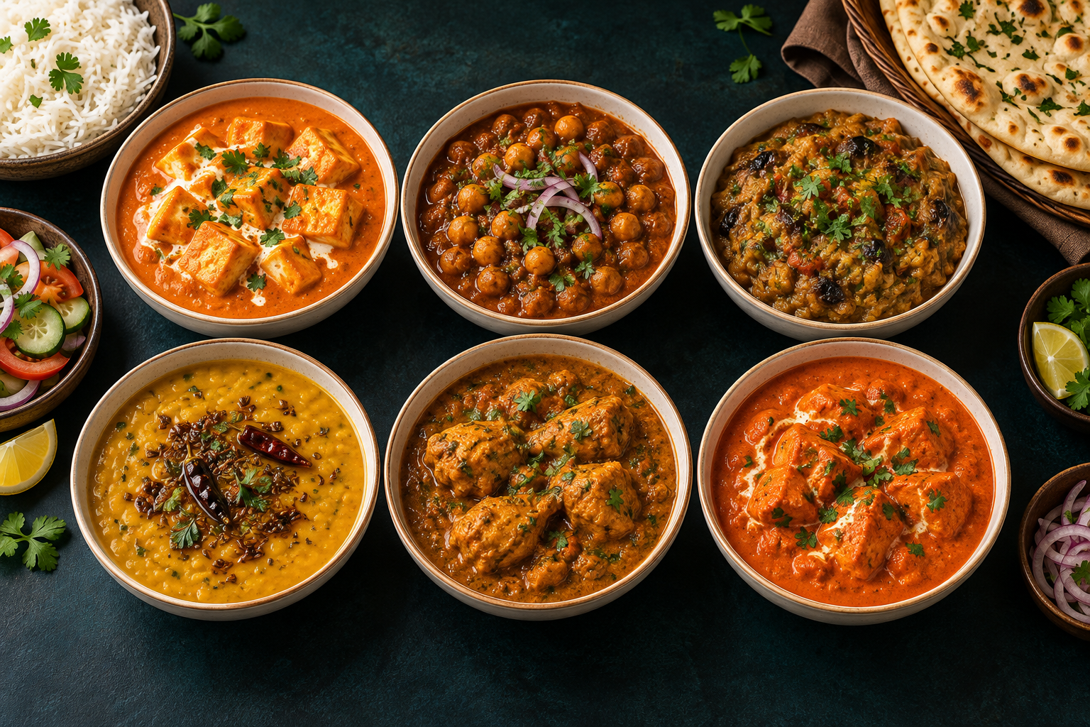 Illustrative Indian lunch spread with Paneer Makhani, Chana Masala, Baigan Bhurtha, Dal Tadka, Chicken Curry and Chicken Tikka Masala, accompanied by rice, garlic naan and salad